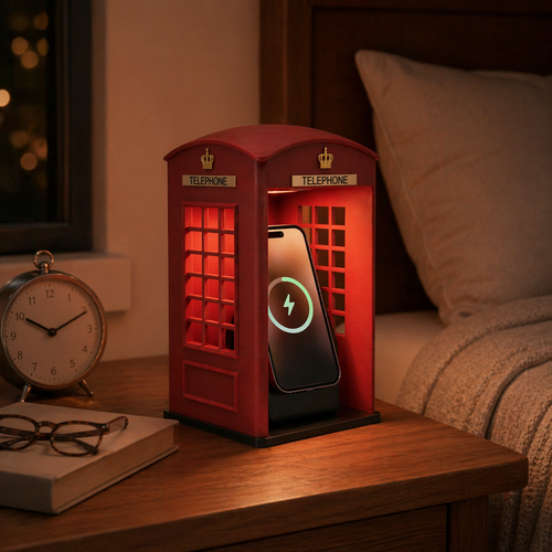 InnoLab Design London Telephone Booth MagSafe Charger and stand for iPhone, shown on a desk with the charger attached to an iPhone.