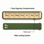 Glidra Weekly Pill Organizer — 7 labeled daily compartments open, showing spill-proof slide-lock design