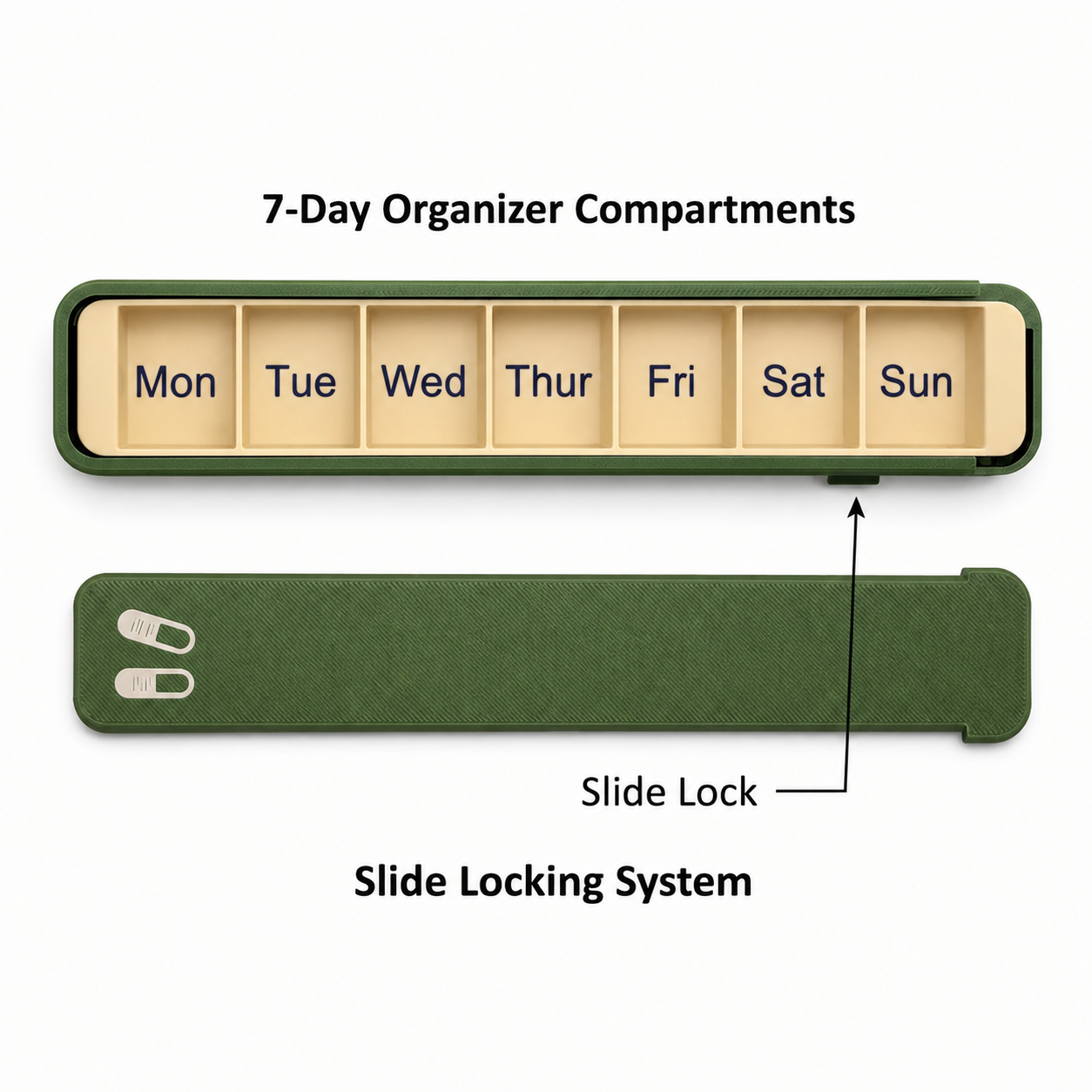 Glidra Weekly Pill Organizer — 7 labeled daily compartments open, showing spill-proof slide-lock design
