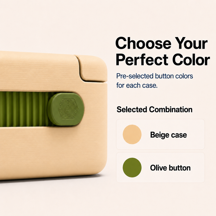 Beige Glidra case with Olive Green slide-lock accent