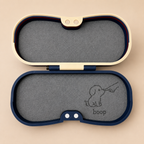 Cute Character Glasses Case open view showing felt-lined interior with hand-drawn character and sunglasses pun