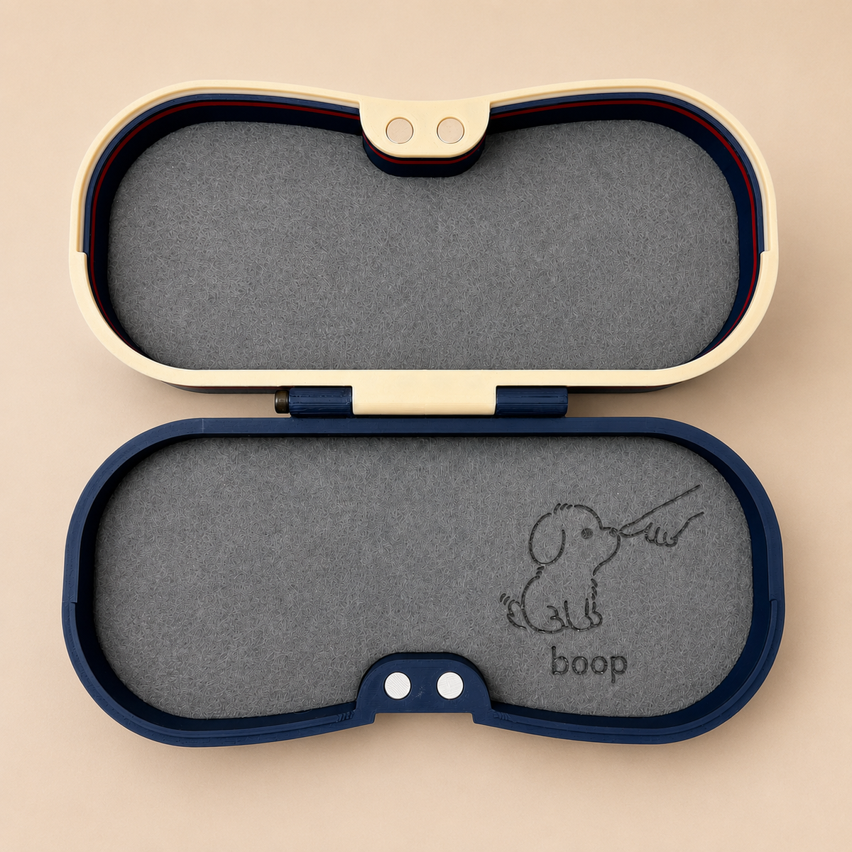 Cute Character Glasses Case open view showing felt-lined interior with hand-drawn character and sunglasses pun