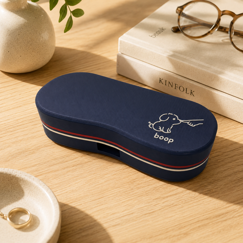 Cute Character Glasses Case product photo — hard-shell magnetic eyeglass holder with red, white and cream racing stripe trim