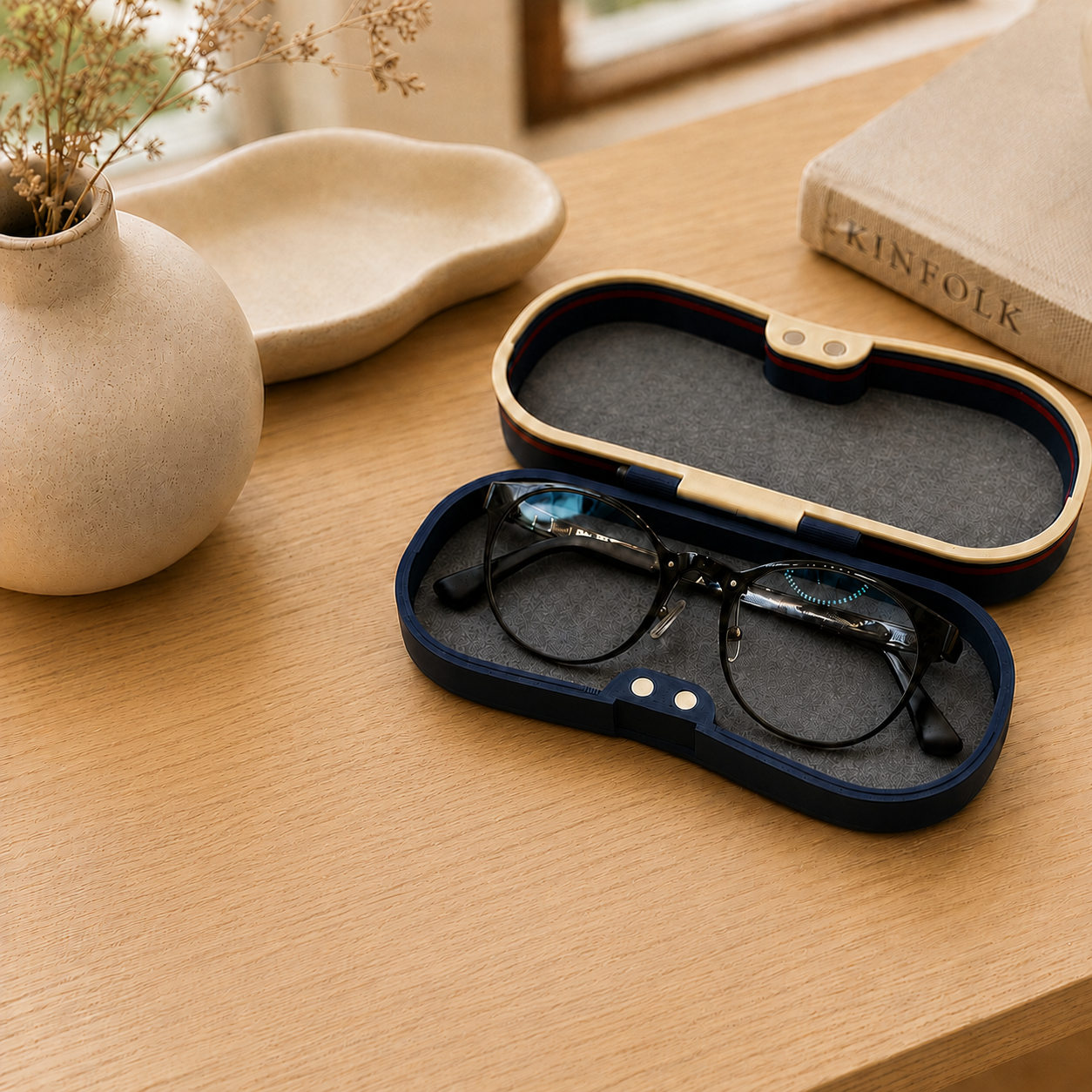 Cute Character Glasses Case — navy hard-shell eyeglass holder with red and white racing stripe trim