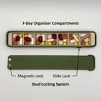 InnoLab Design Glidra 7-day pill organizer with plant-based materials and travel-safe design, featuring labeled compartments for daily pills.