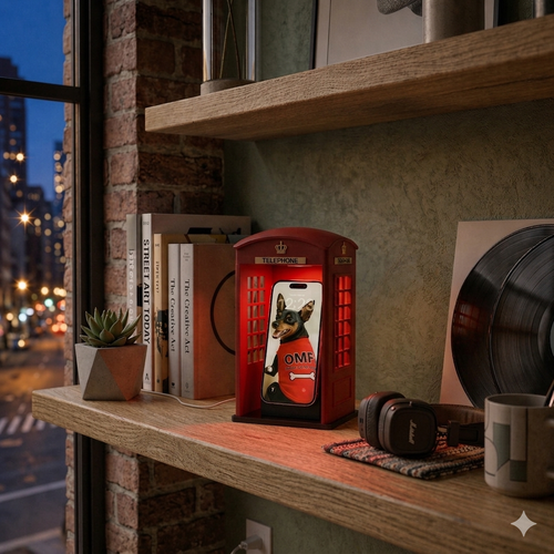 InnoLab Design London Telephone Booth MagSafe Charger and stand holding an iPhone for wireless charging.
