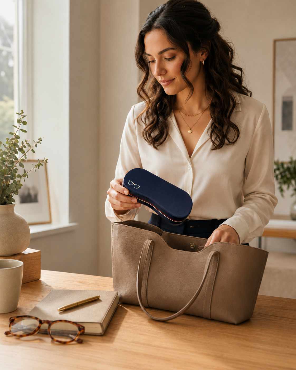 Ocula Glasses Case open with glasses inside, felt lining