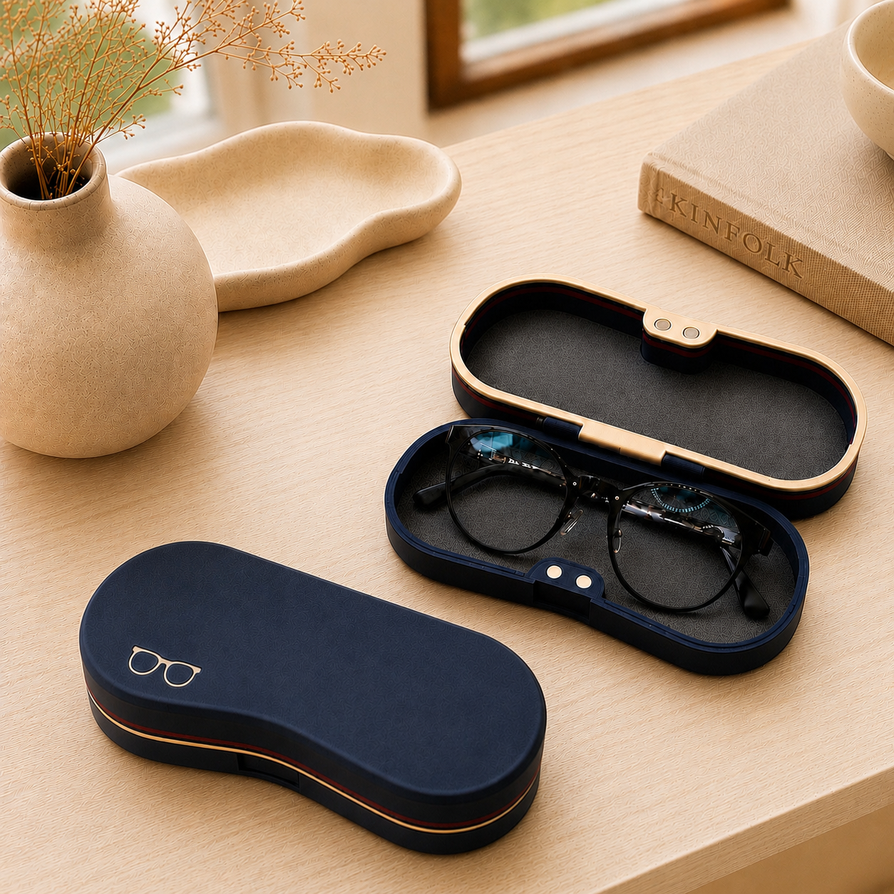 Cute Character Glasses Case — navy hard-shell magnetic eyeglass holder with character lid design
