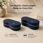 Cute Character Glasses Case lifestyle photo — navy hard-shell magnetic eyeglass holder with racing stripe