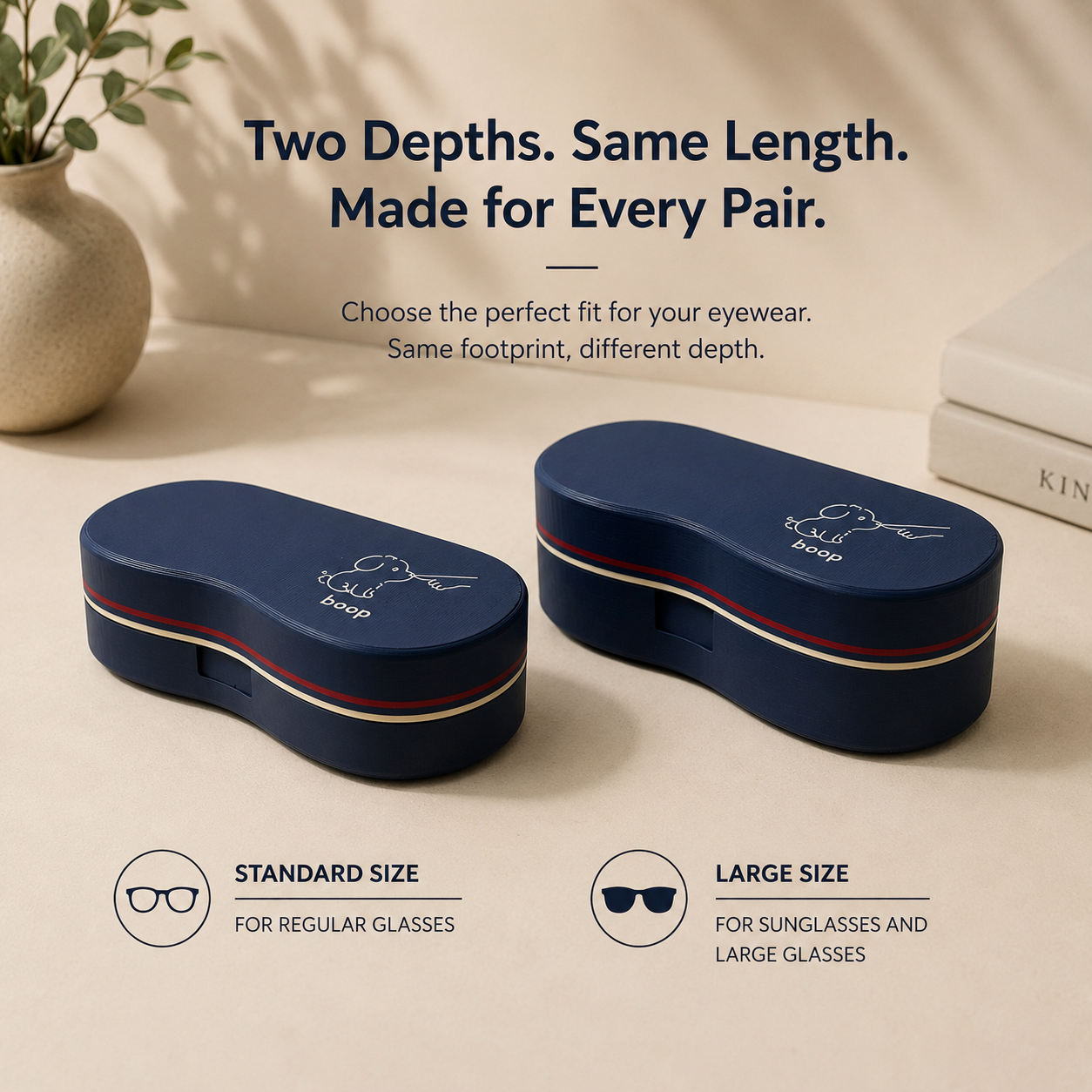 Cute Character Glasses Case lifestyle photo — navy hard-shell magnetic eyeglass holder with racing stripe