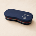 Navy hard-shell glasses case with white glasses icon on lid
