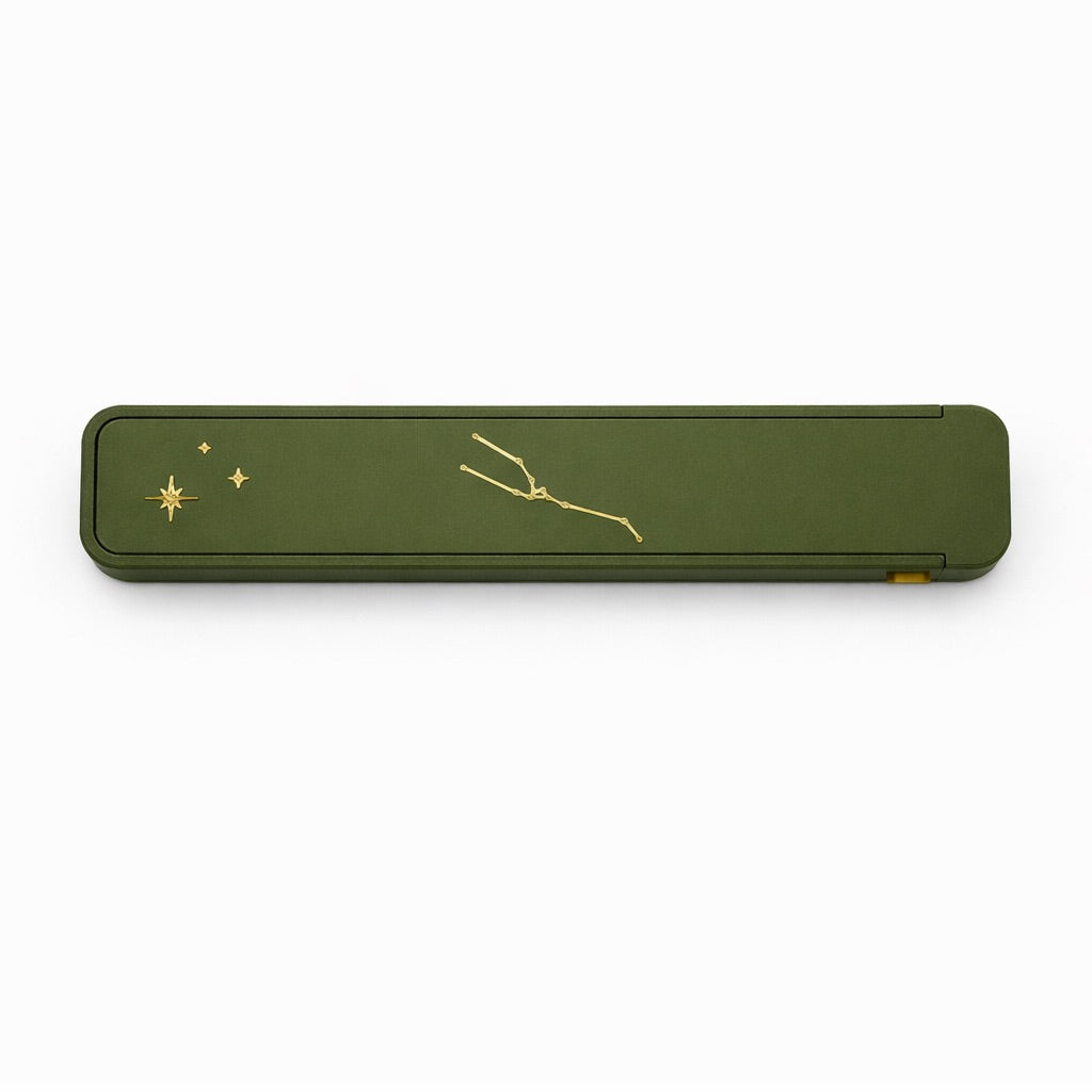 Premium Zodiac Weekly Pill Box olive green — constellation slide-lock weekly medication organizer