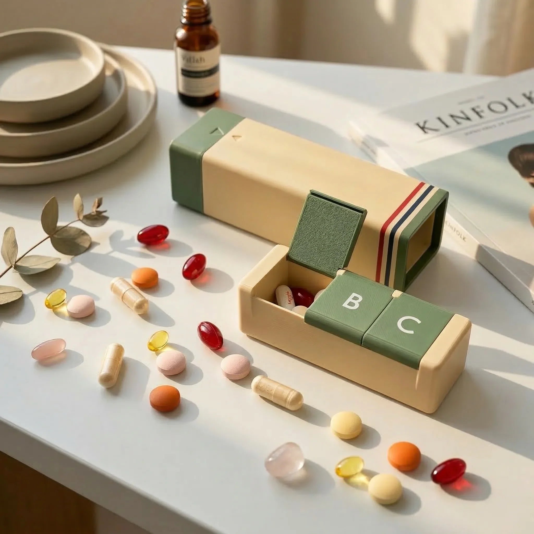 InnoLab Design Roto Daily Pill Organizer with twist-to-dispense feature, USA-made, showing a compact, multi-compartment medication case.