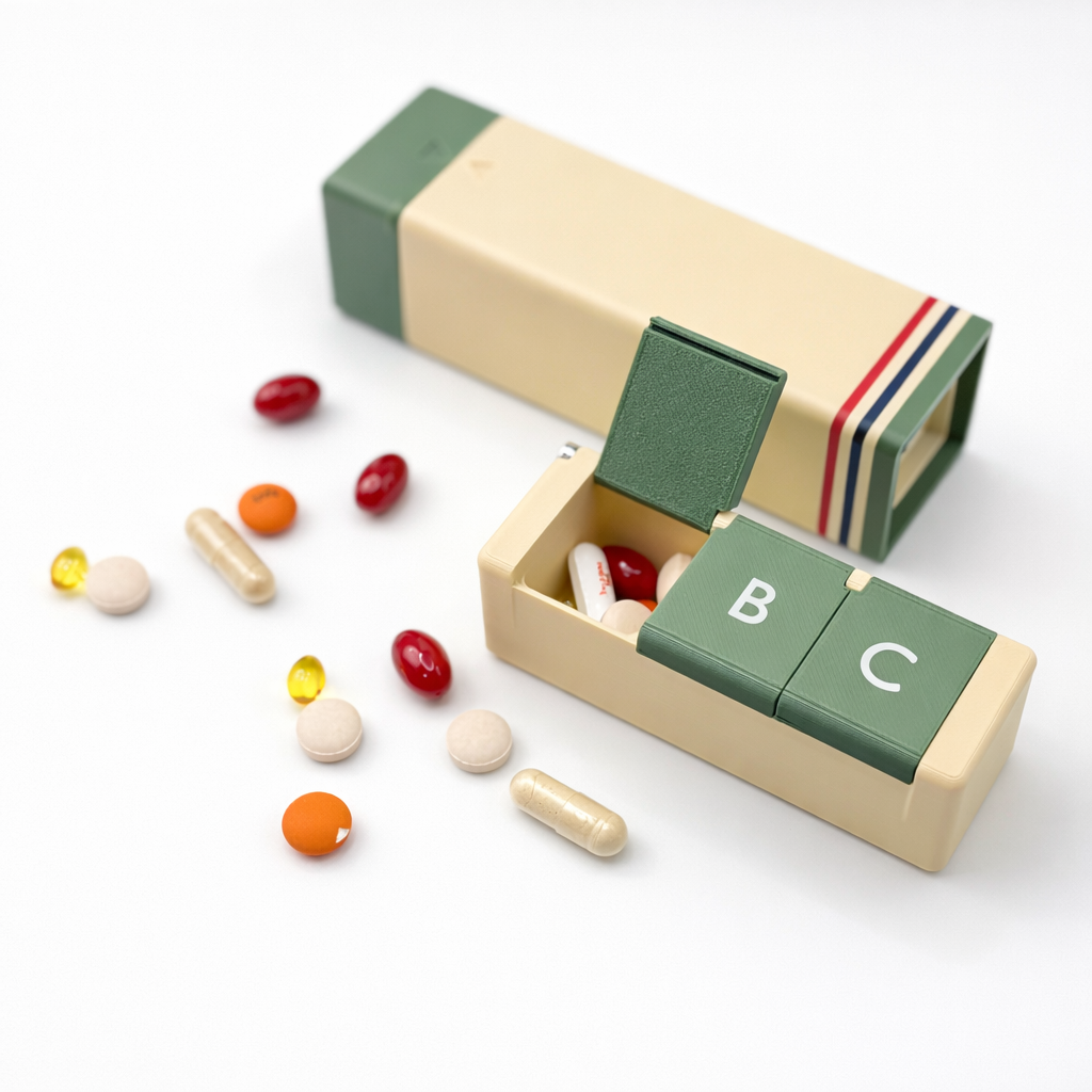 InnoLab Design Roto Daily Pill Organizer with twist-to-dispense mechanism, USA-made, featuring multiple compartments for medication storage.