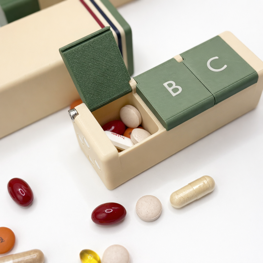 InnoLab Design Roto Daily Pill Organizer with twist-to-dispense mechanism, USA-made, featuring multiple compartments for medication management.