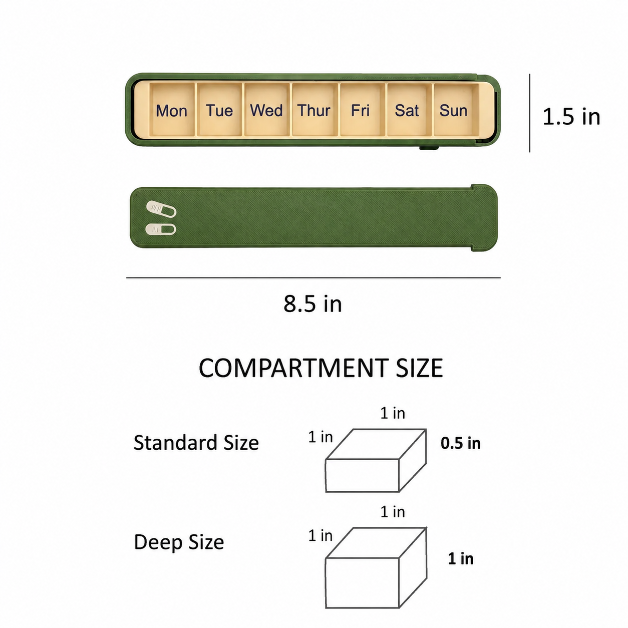 Glidra Weekly Pill Organizer compartment depth options — standard and large capacity slide-lock pill case