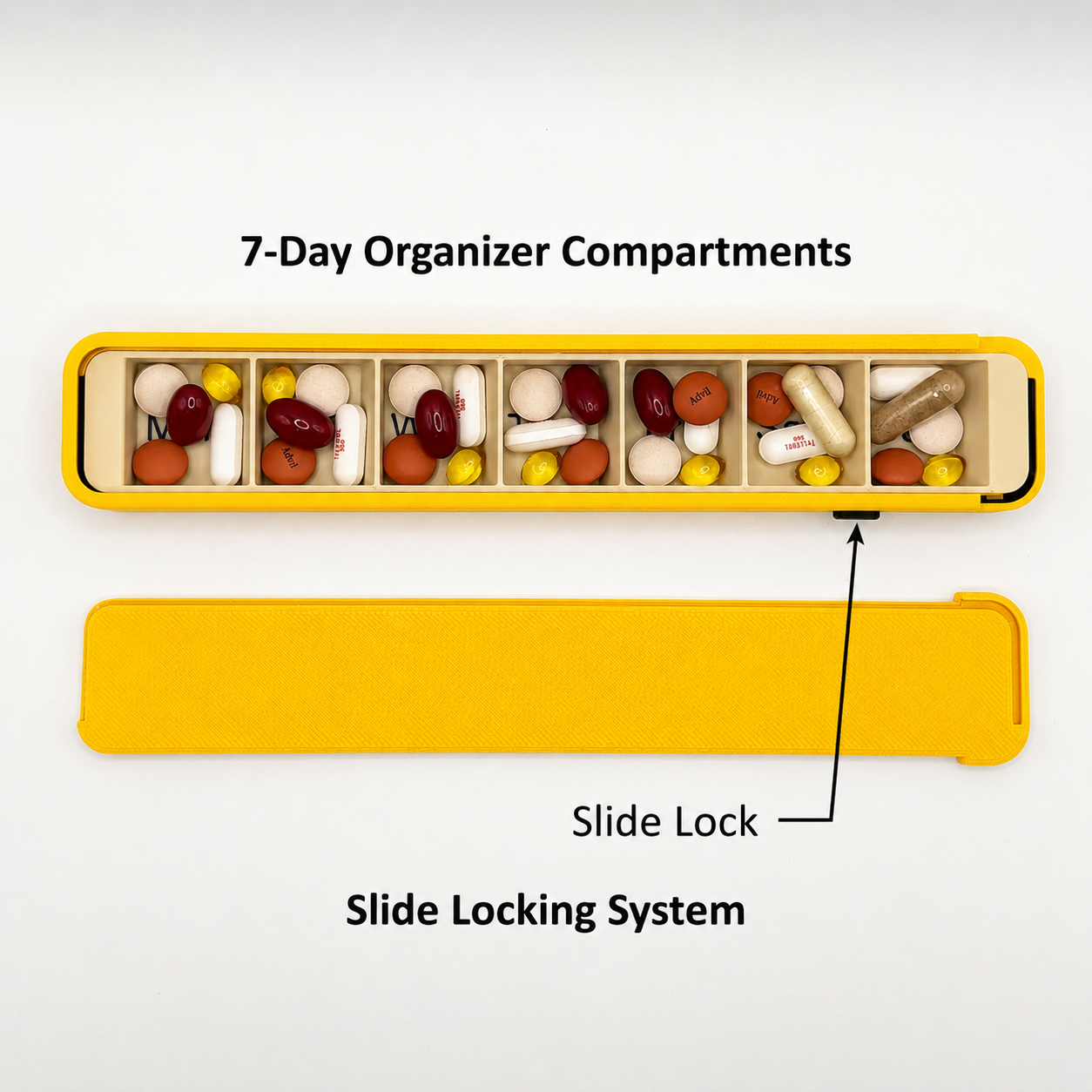Summer Color Edition Glidra Weekly Pill Organizer open compartments — yellow and lavender pill case